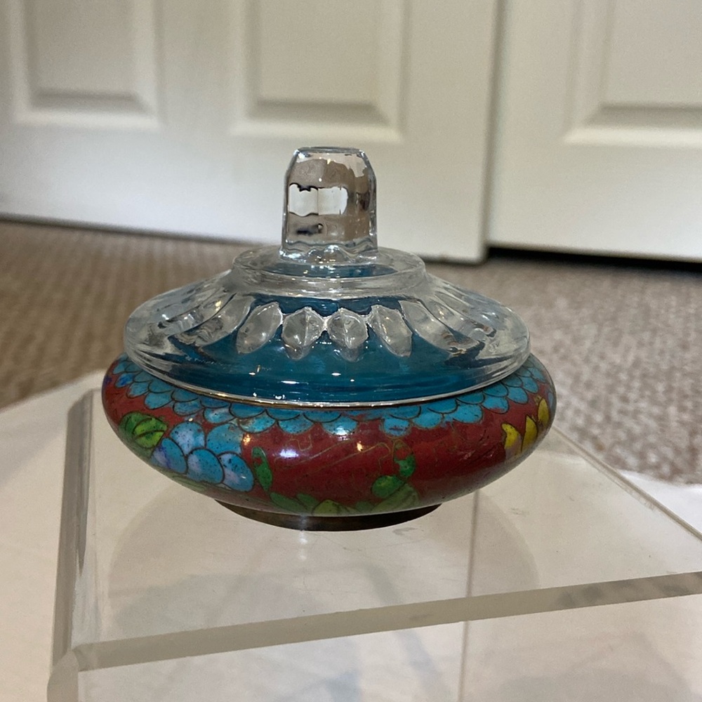 Painted Florals Metal Trinket Dish with Glass Lid